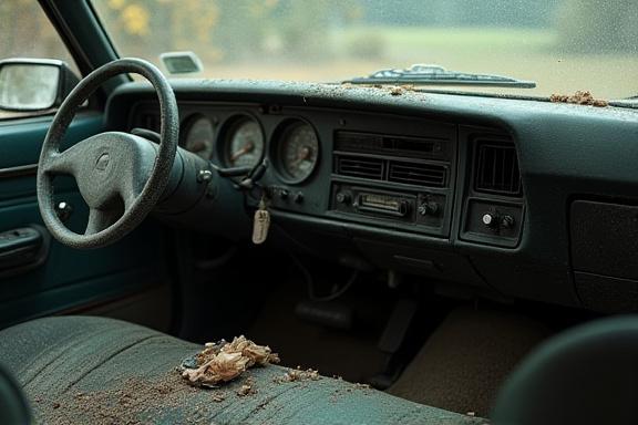 Dirty car interior with dusty dashboard.