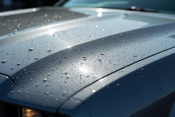 Shiny grey sedan with water beading on the hood.