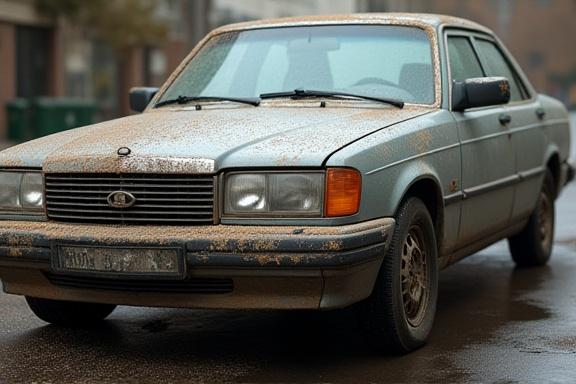 Grey sedan covered in road grime.