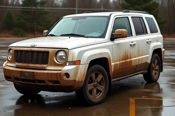 Muddy white SUV before cleaning.